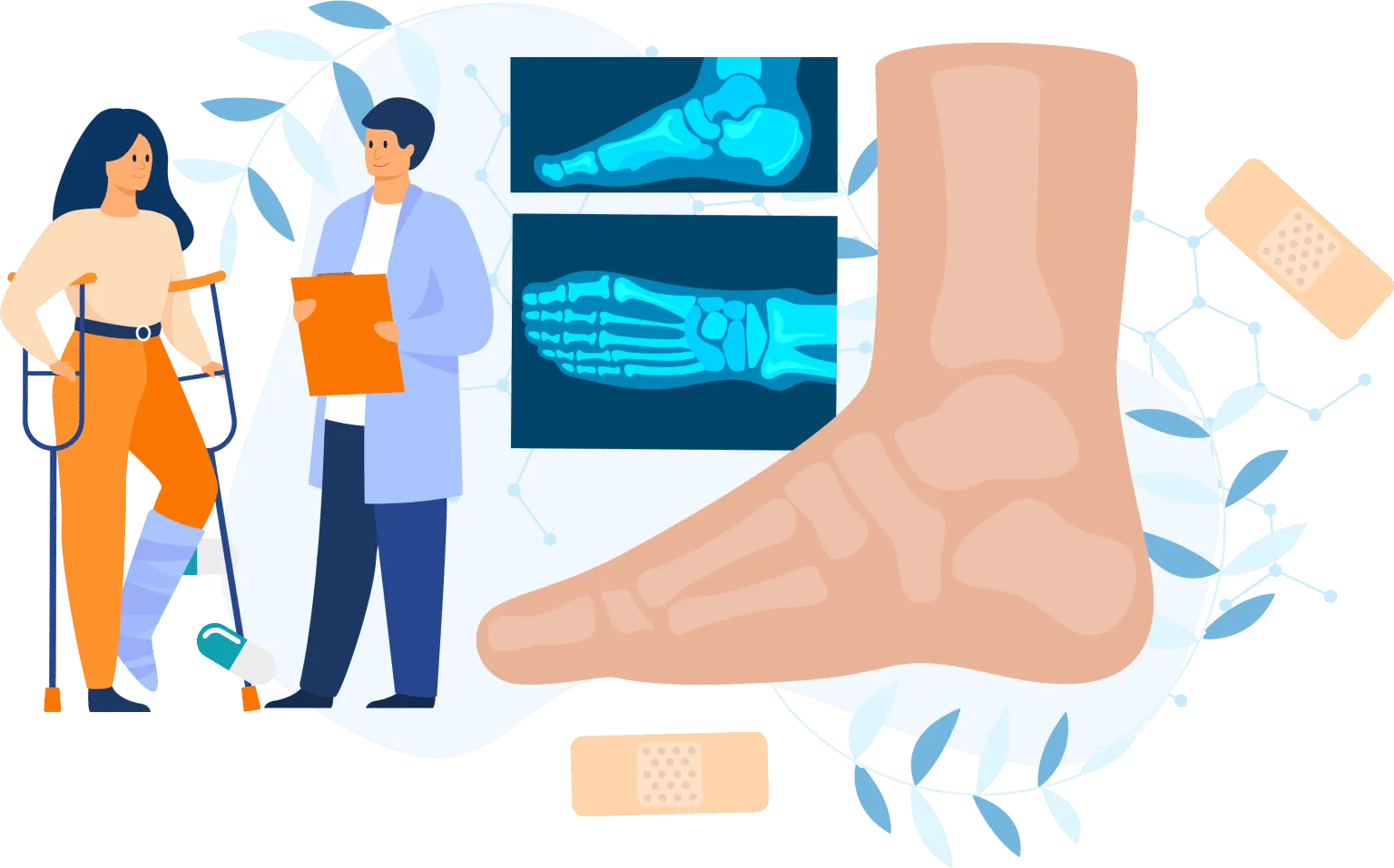 Illustration of a doctor talking to his patient who has had a surgical procedure on her ankle.