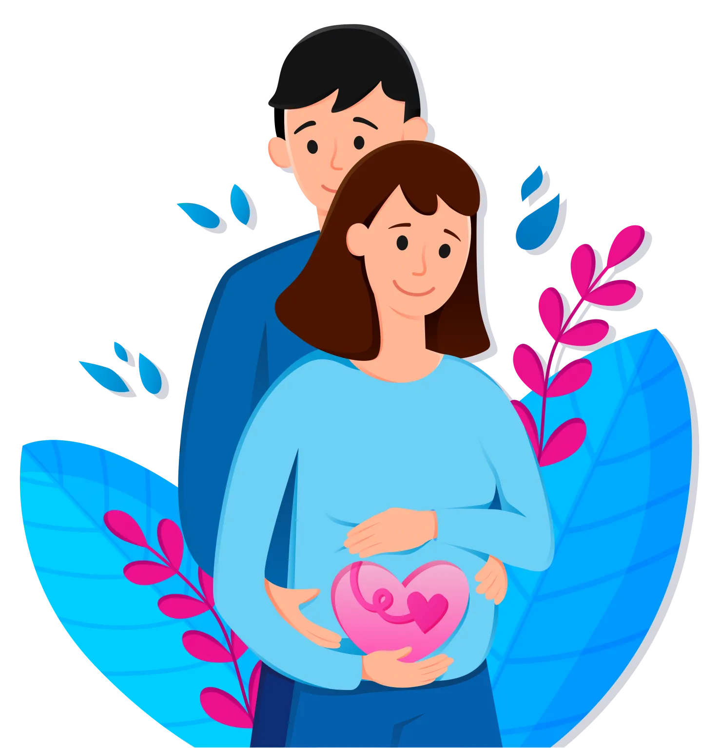 Illustration of a couple where the mother is pregnant and the father hugs her from behind