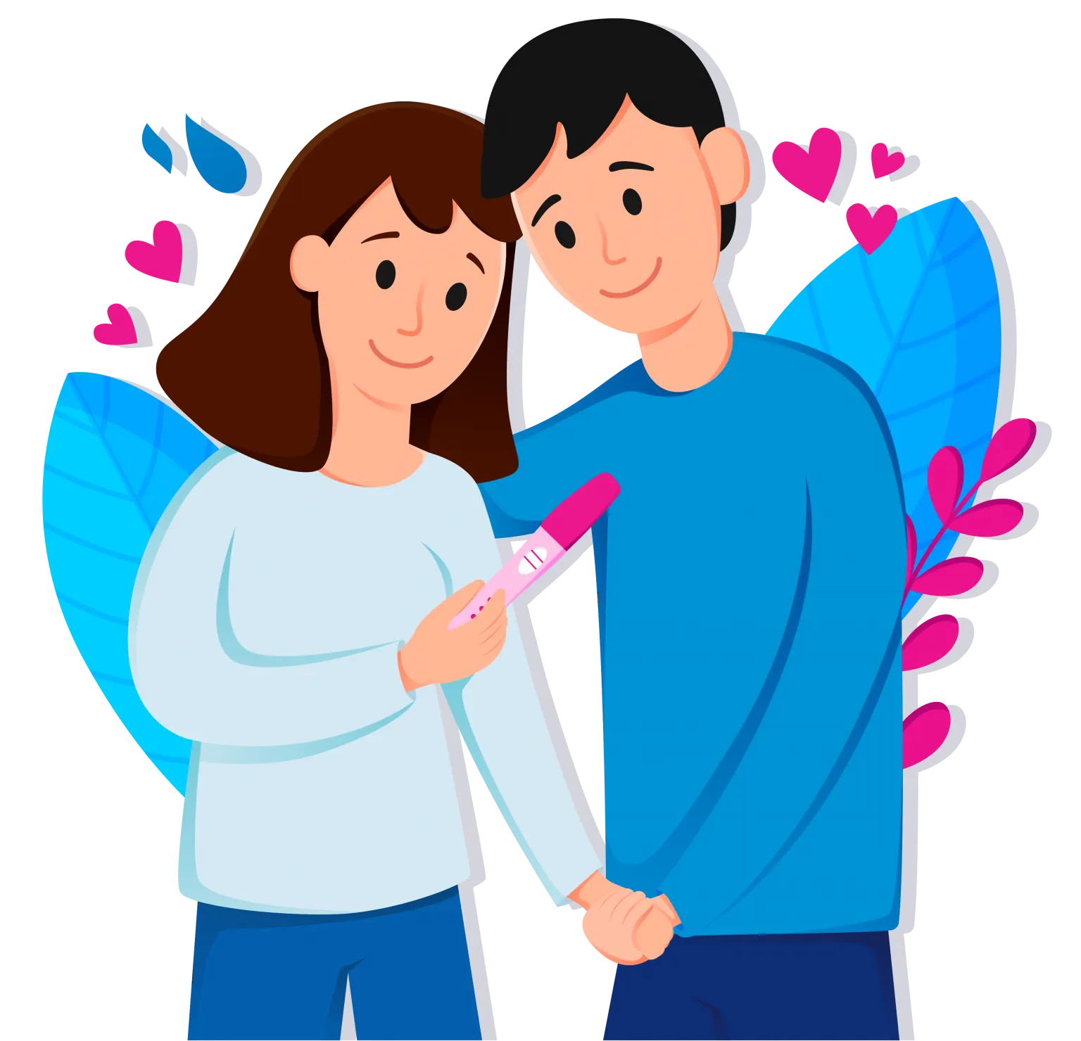 Illustration of couple holding hands looking at a pregnancy test
