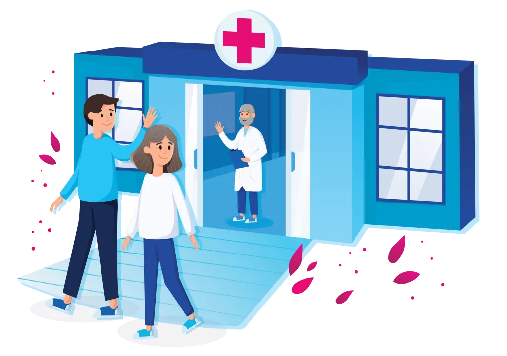 Illustration of patients leaving a hospital