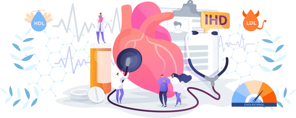Illustration of an enlarged-scale heart and doctors examining it.