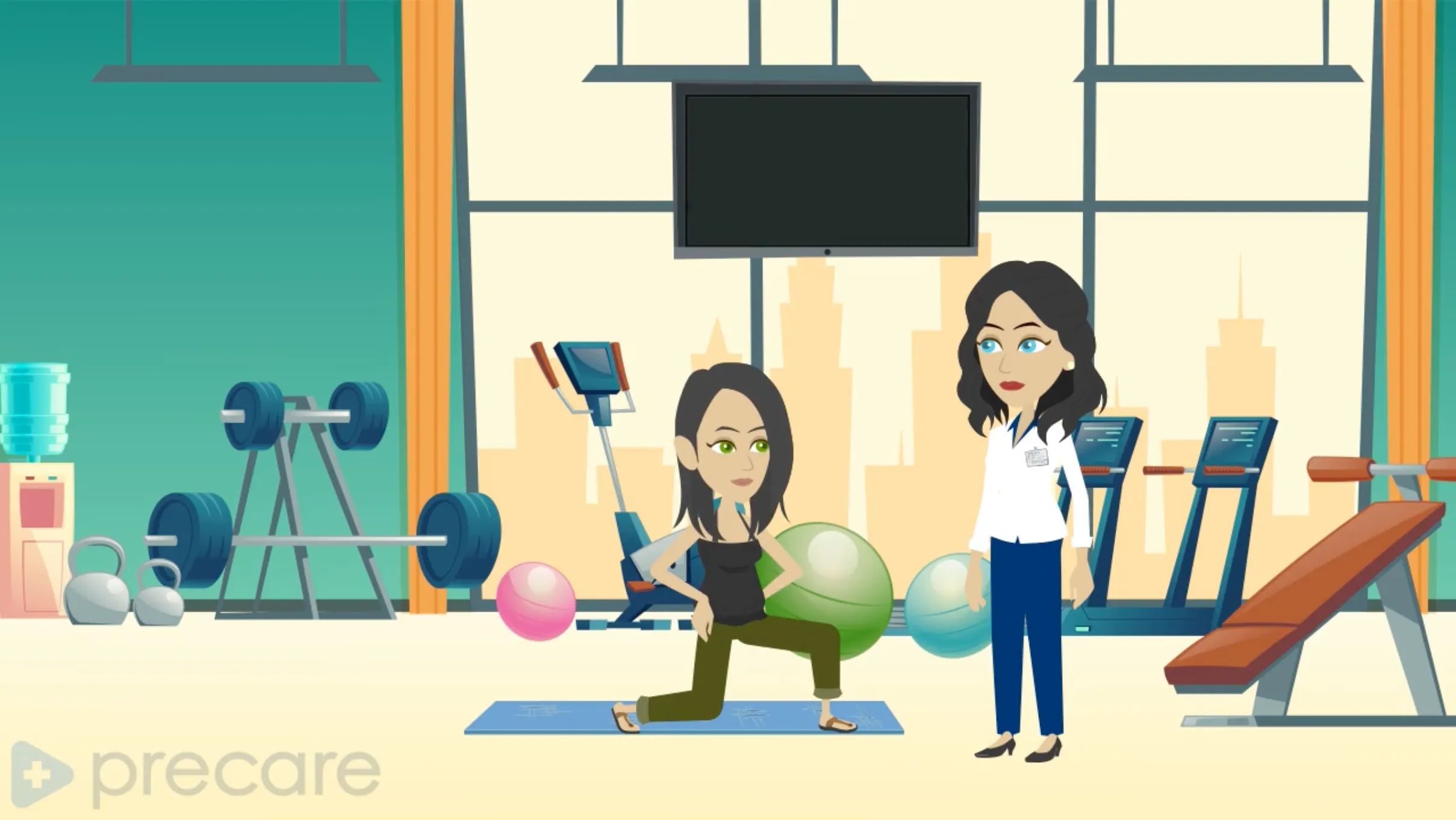 Illustration of a doctor and her pacient at gym.