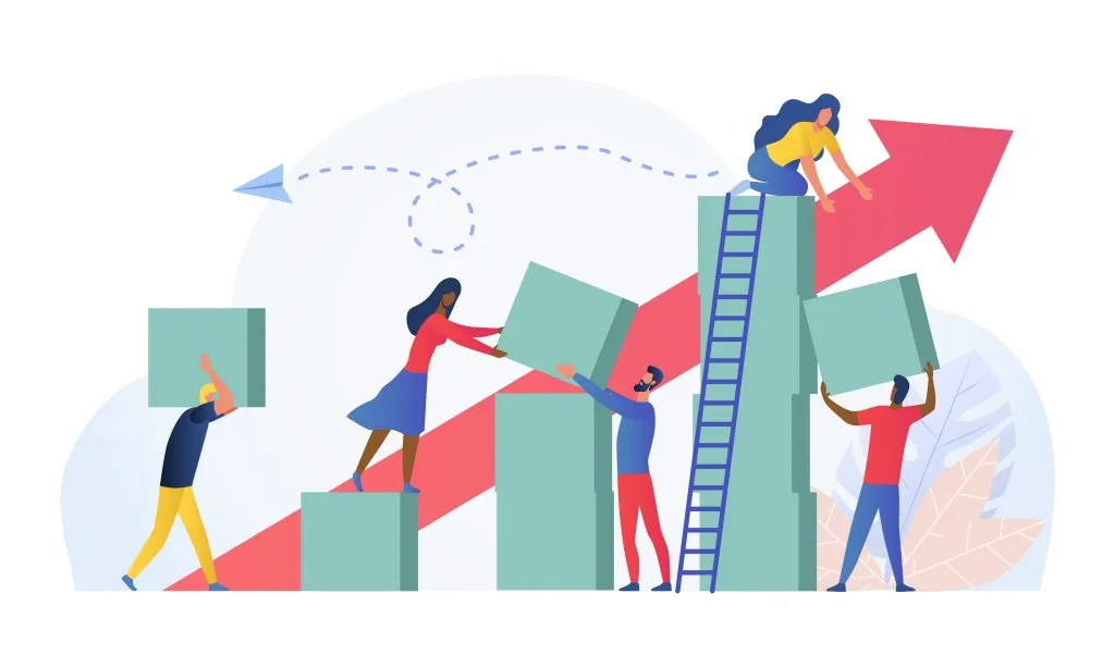 Animated image of several people helping each other build a growing structure. Illustrating a growing company with information exchanged between employees