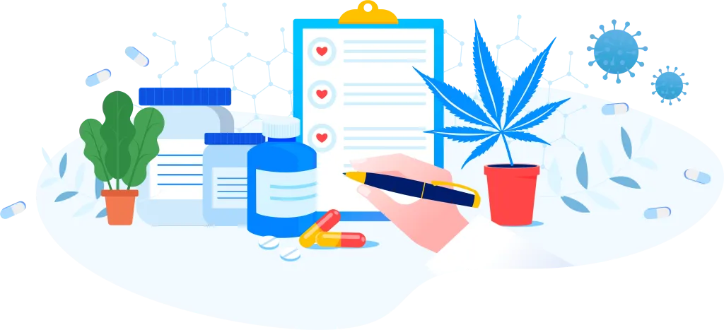 Illustration of a doctor making a checklist and next to him we have a medicinal plant (cannabis).