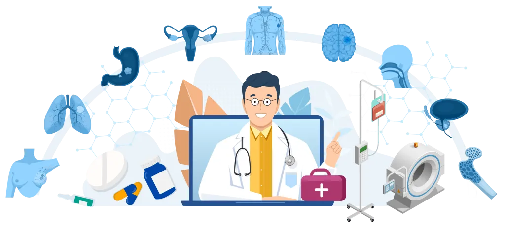 Illustration of a doctor on a notebook screen, at the ends of the illustration we have different parts of the human body.