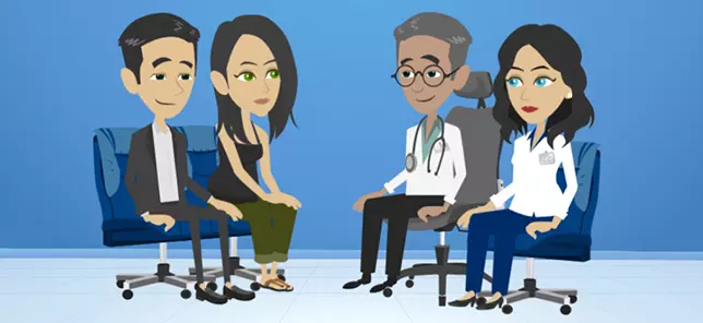 Illustration of couple talking to doctors