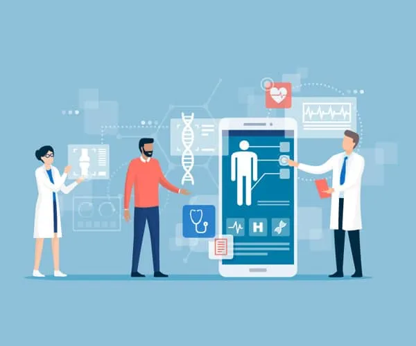 Animated image of two doctors and a patient analyzing information on technological devices