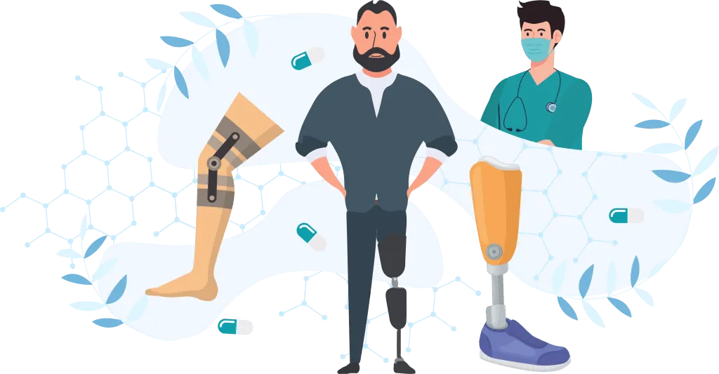 Illustration of a man who has had his leg amputated wearing a prosthesis and a doctor looking at him.