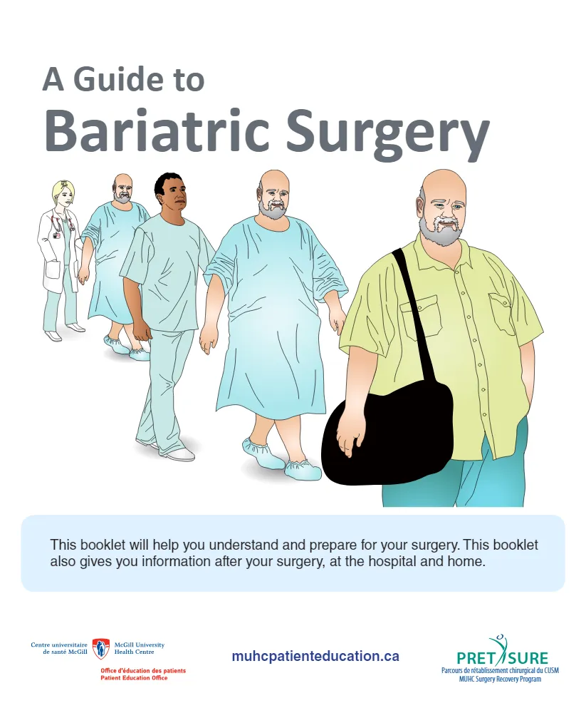 Cover of the e-book with the illustration of a pair of doctors accompanying a bariatric surgery patient.