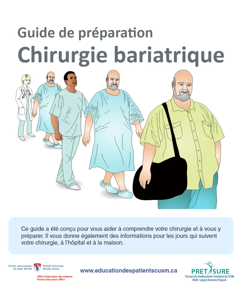 Couverture de l'e-book avec l'illustration d'un duo de médecins accompagnant un patient en chirurgie bariatrique.