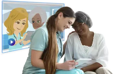 Image of a doctor and her pacient looking at a tablet