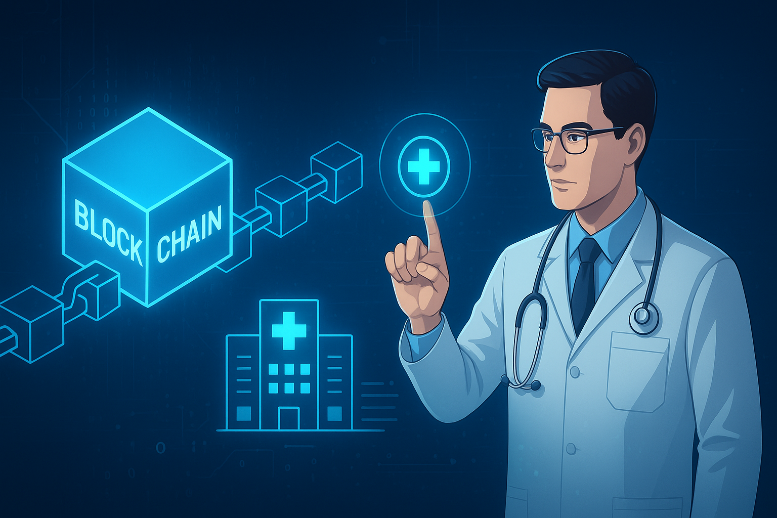 A digital illustration shows a doctor being connected to dna and technological networks to show the importance of the blockchain in Healthcare.