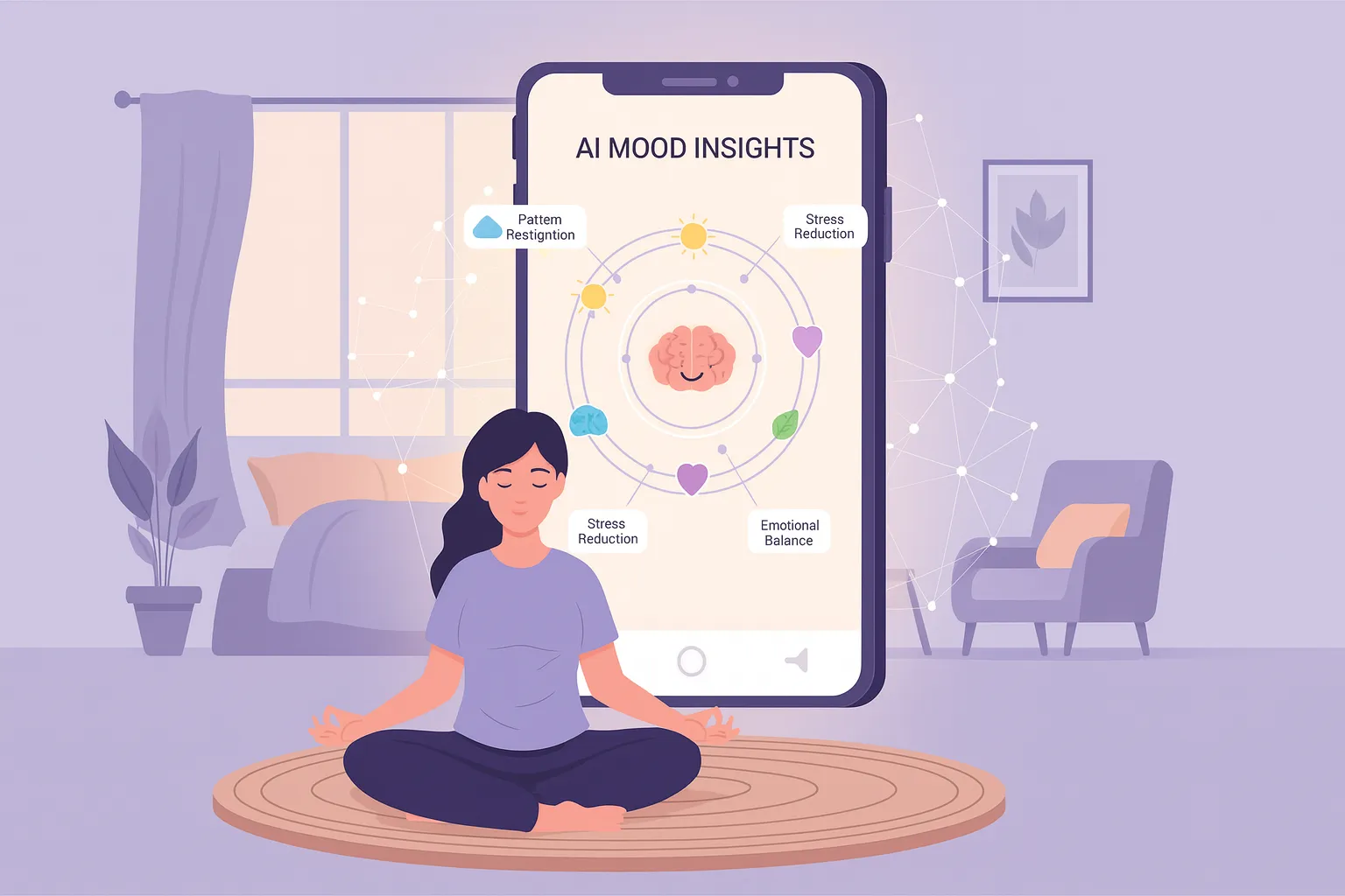 Illustration of a person meditating while their smartphone shows mood insights powered by AI