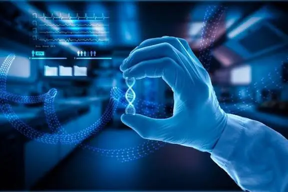 A digital illustration shows a hand with a latex glove hanging a dna chain, with electric cardiac signals and pastes, simulating the health information.