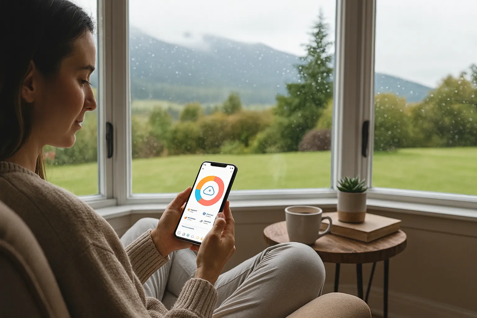 Person using a smartphone app to track mood and emotions, sitting calmly by a window