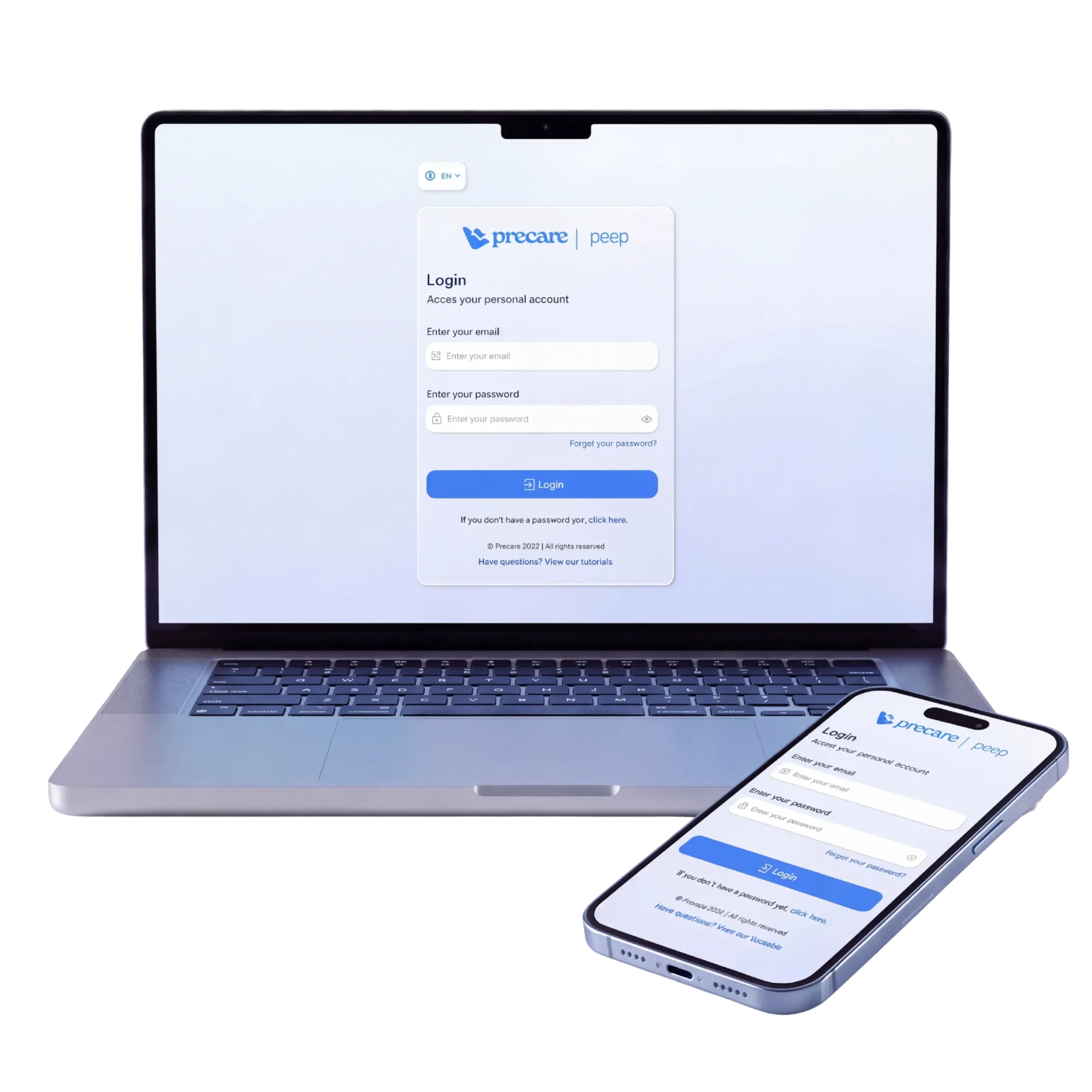 A laptop with a screen displaying the Precare login page and a smartphone next to it showing the login form, with the "Login" button highlighted.