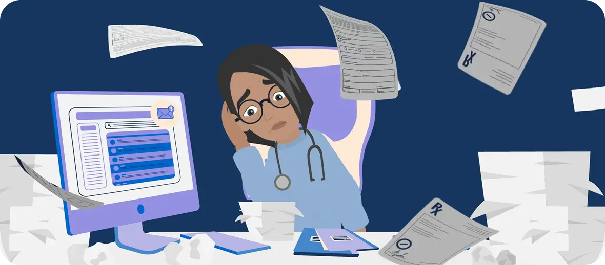 Vector illustration of a female doctor with a stethoscope working amid scattered documents and papers, with a tablet and forms in the background, set against a blue backdrop.