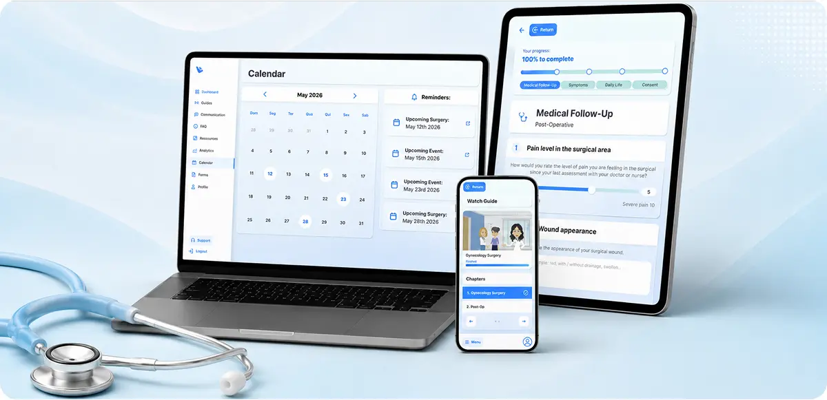 Laptop and mobile phone screens displaying a medical scheduling and monitoring interface, featuring a calendar and post-operative follow-up tabs within a digital hospital environment.