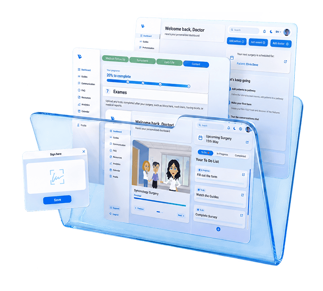 System dashboard and PEEP interface across multiple screens with forms and checklists, representing the organization and management of medical information on a single device