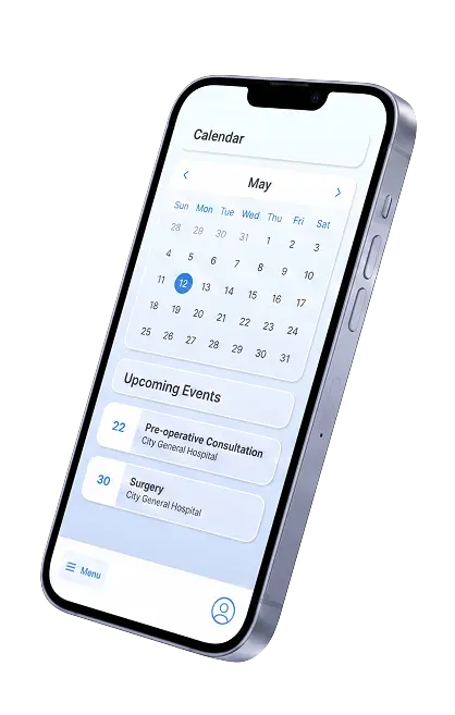 Image of a mobile phone displaying a calendar and event schedule—showing the month of May and appointments such as a pre-operative consultation and surgery—against a dark background.