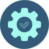 A gear icon with a checkmark in the center, symbolizing configuration and the validation of settings in systems and apps.