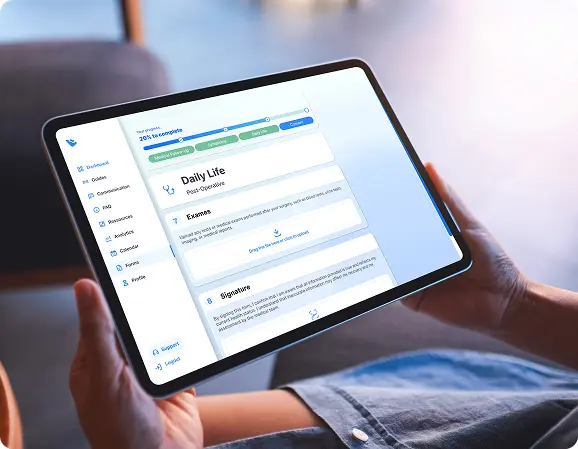 A person holding a tablet indoors with the "Daily Life" planning app open, displaying a to-do list and indicators on a clear interface.